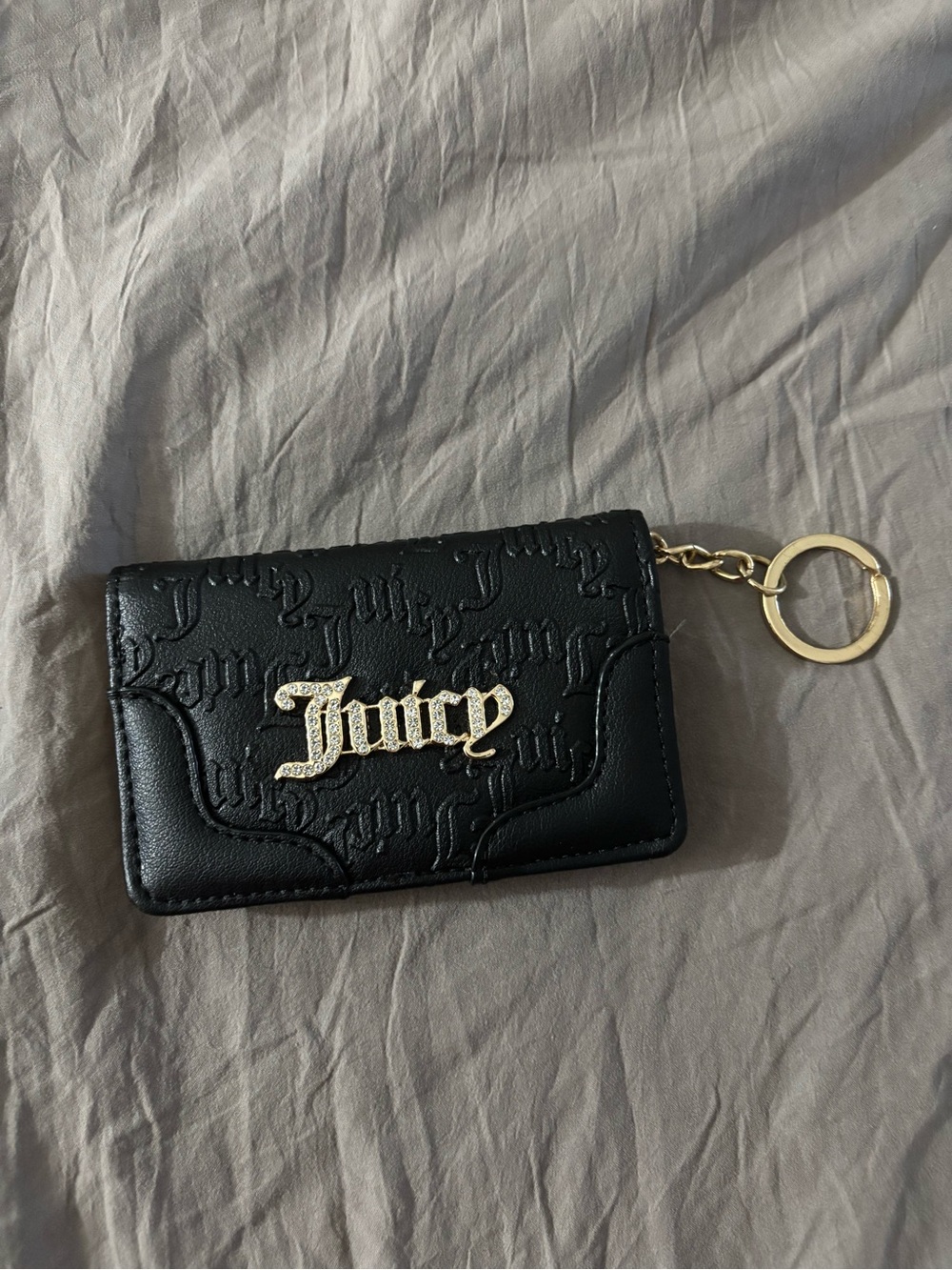 Juicy Couture Black Embossed Card Holder with Gold Logo Key Ring